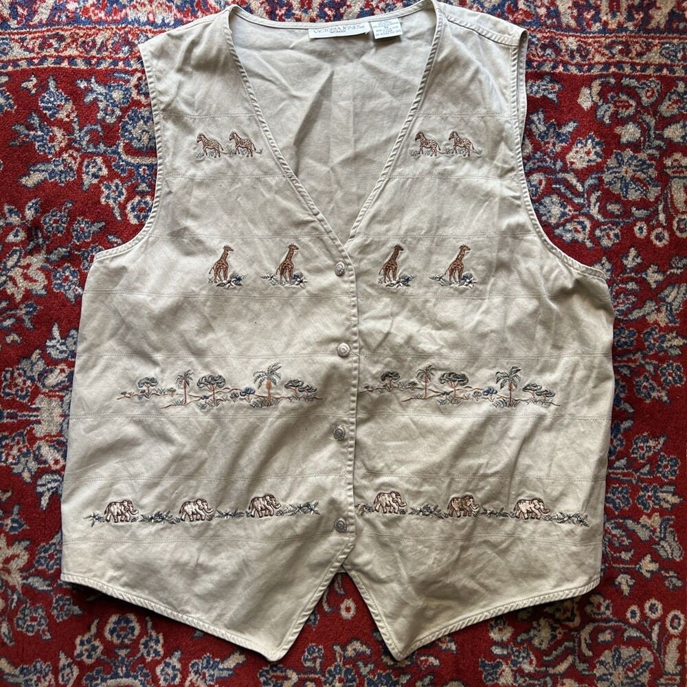 Victoria Jones Woman Safari African Elephant Giraffe Zebra Embroidered Vest 3X